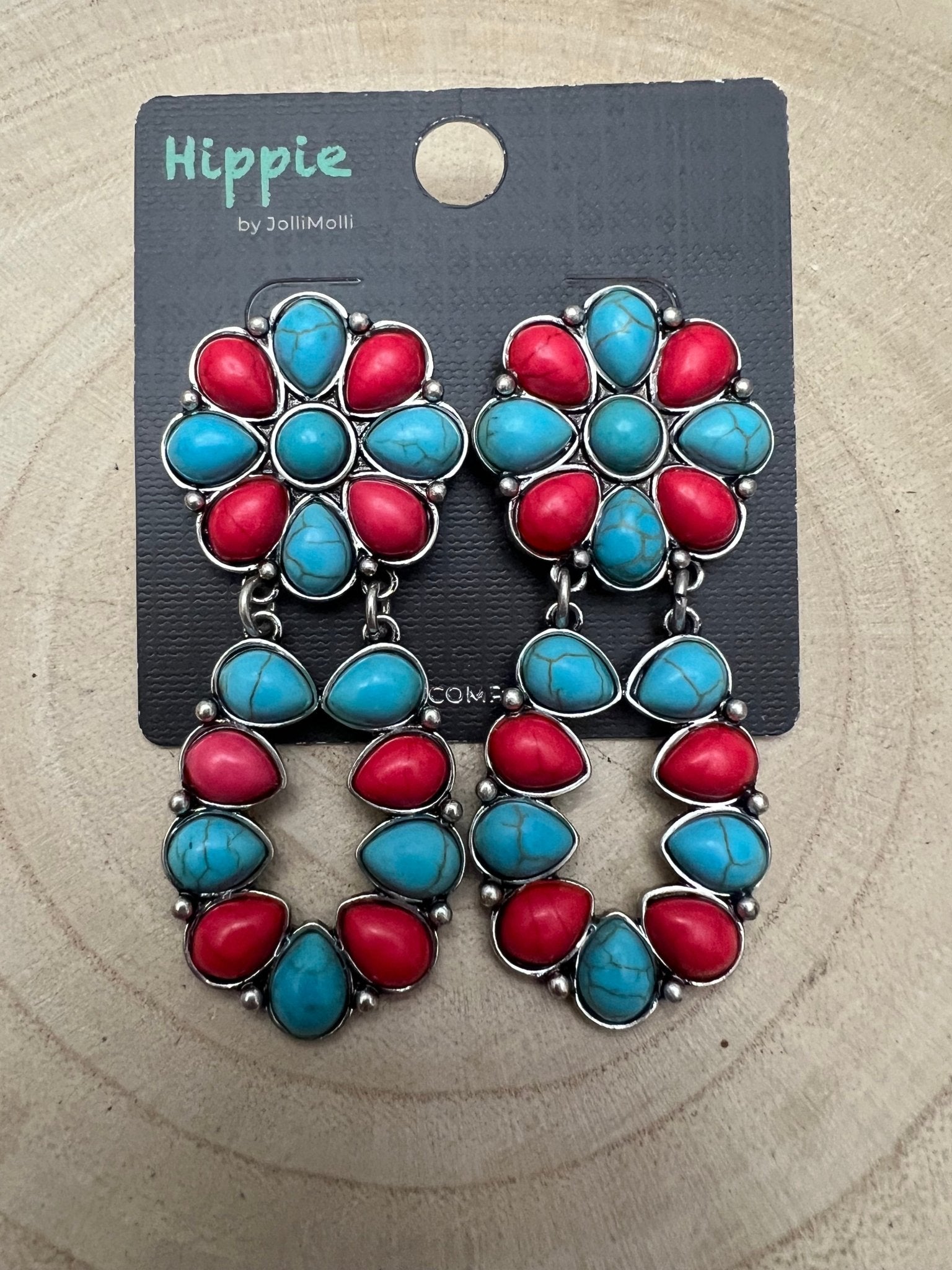 Western Faux Turquoise & Coral Cluster Post Earrings — Southwestern Statement