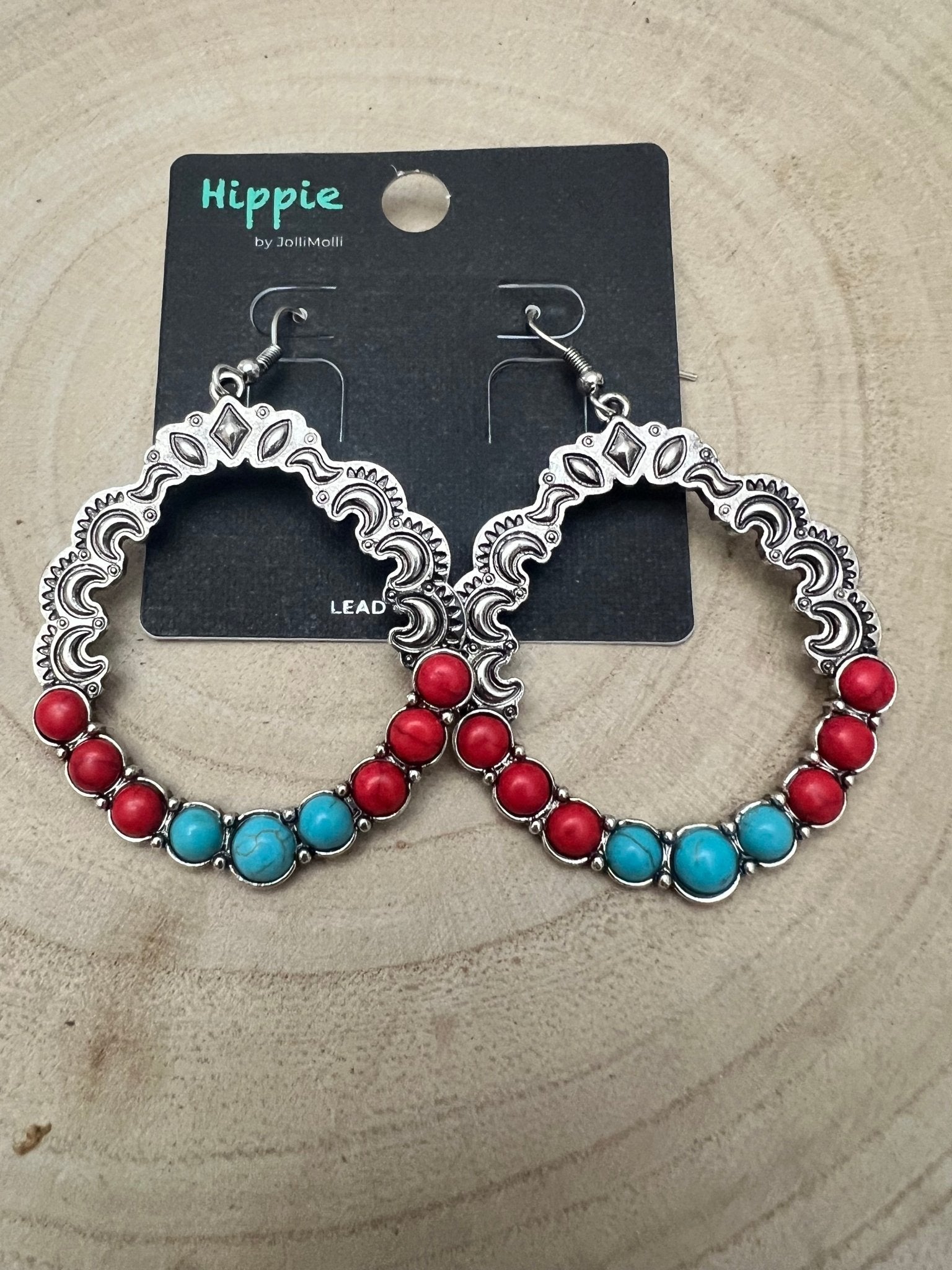 Western Faux Turquoise & Coral Hoop Earrings — 1¾" Drop Southwestern Style