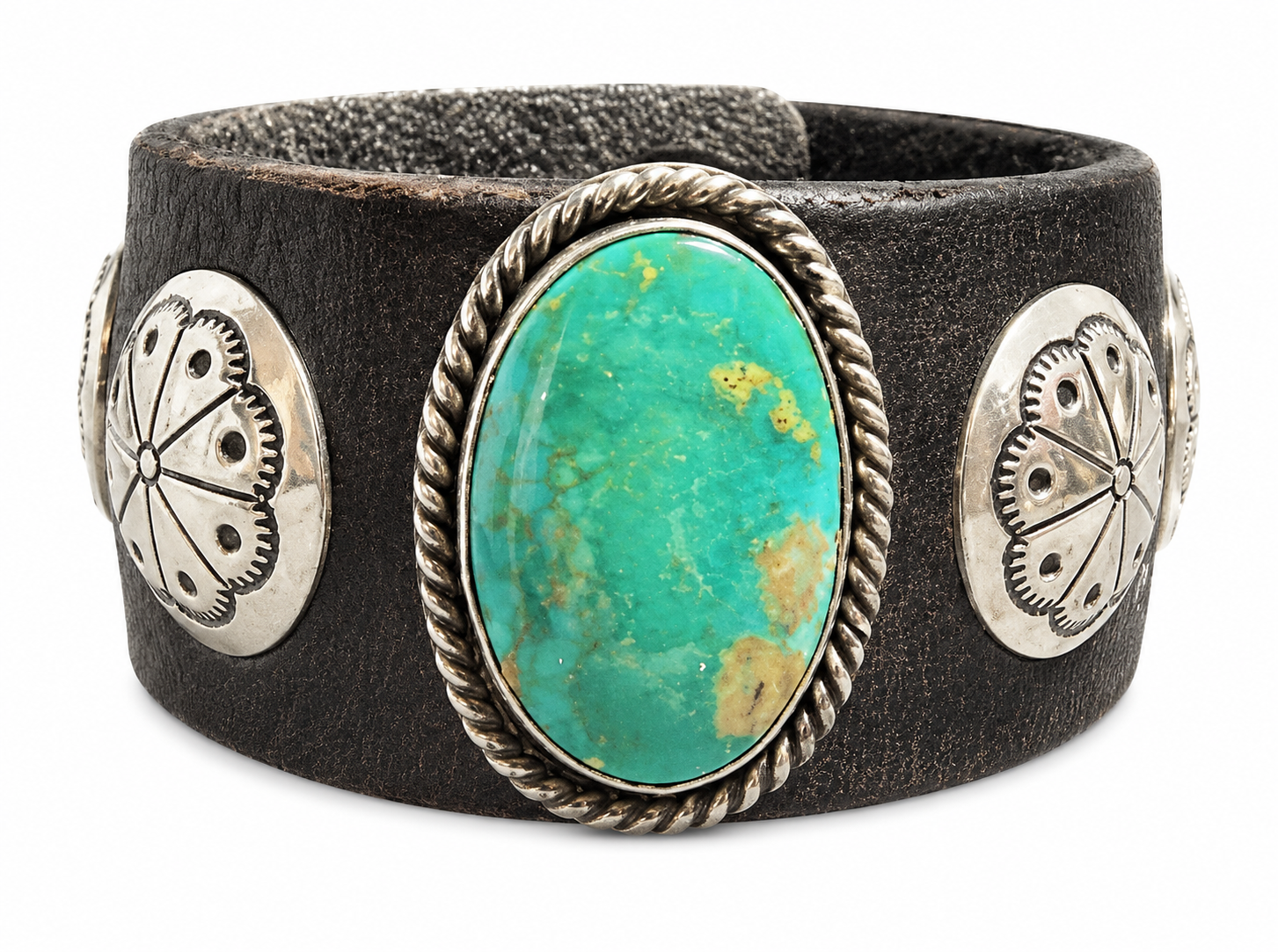Vintage Southwestern Dark Leather Cuff Bracelet with Large Oval Turquoise & Conchos