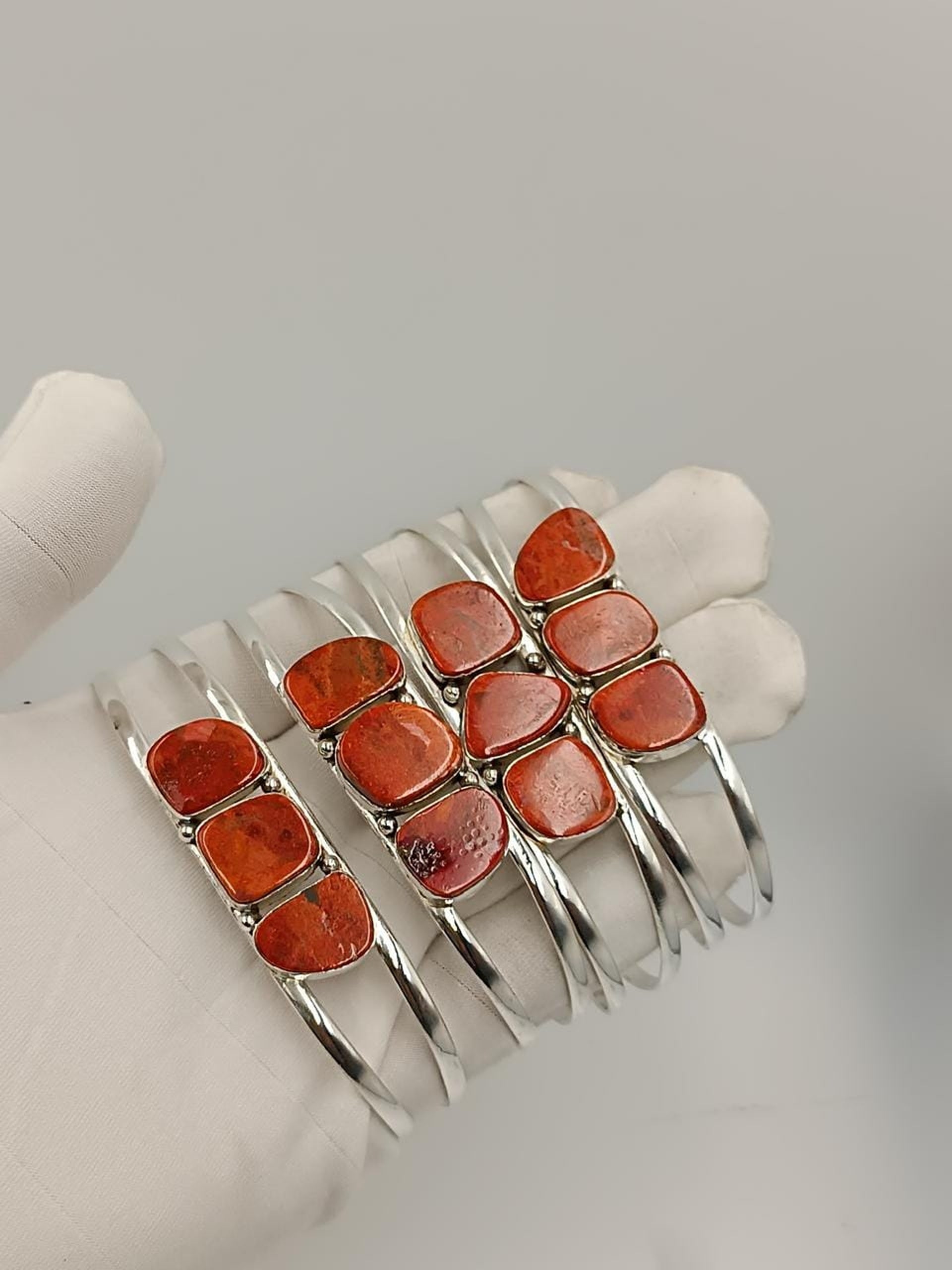 Wholesale Lot of Silver Plated Red Jasper Cuff Bracelets – 925 Stamped German Silver Statement Bangle Lot