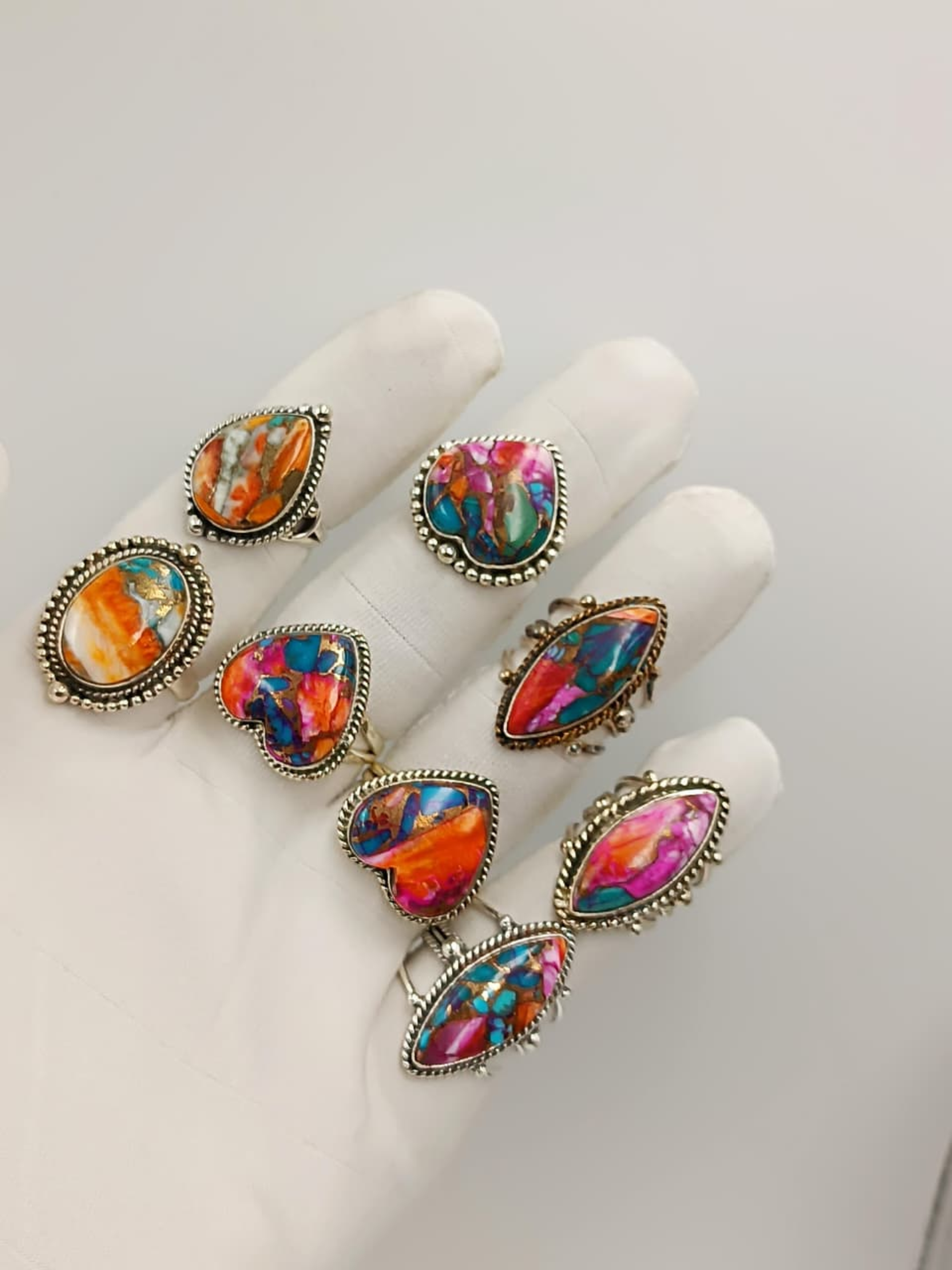 Wholesale Lot of Silver Plated Multi-Shape Copper Turquoise Rings – 925 Stamped German Silver Statement Rings