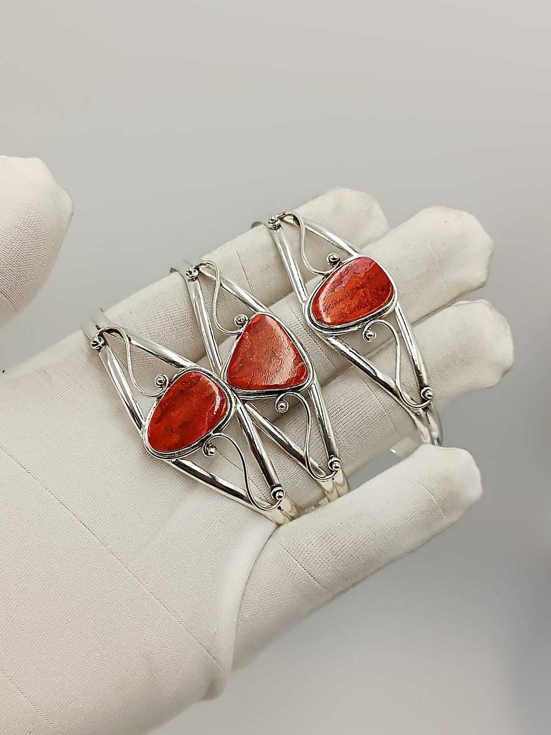 Wholesale Lot of Silver Plated Red Jasper Filigree Cuff Bracelets – 925 Stamped German Silver Bangle Lot