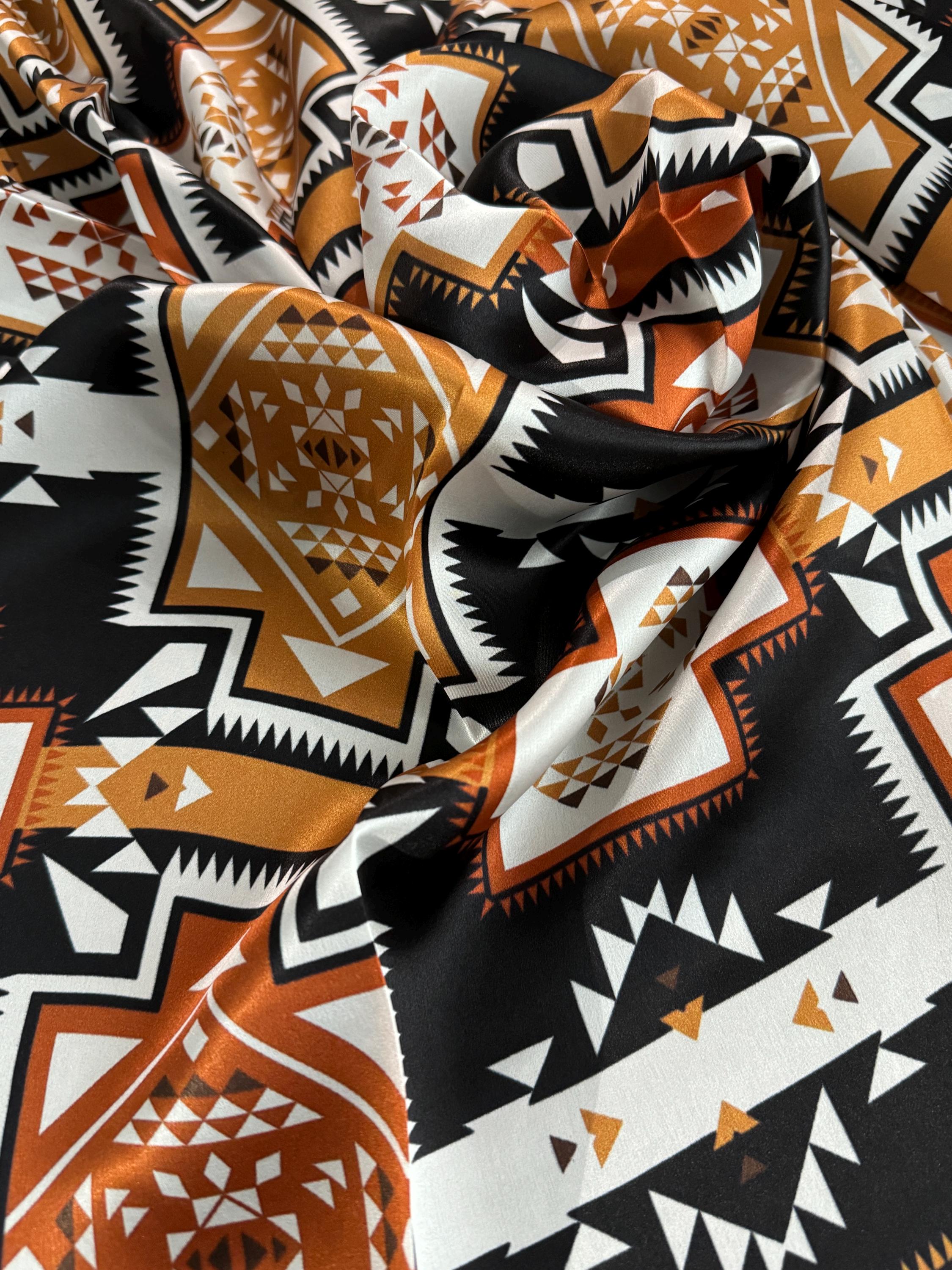100% Silk Wild Rag Aztec Native tribal inspired pattern of brown, black, and white by Double B Wild Rags