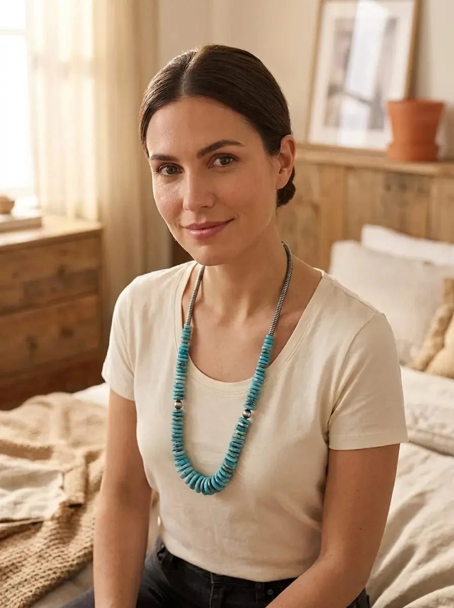 Light Blue Turquoise Graduated Necklace with 8mm Sterling Pearl & Hematite — 23 inch
