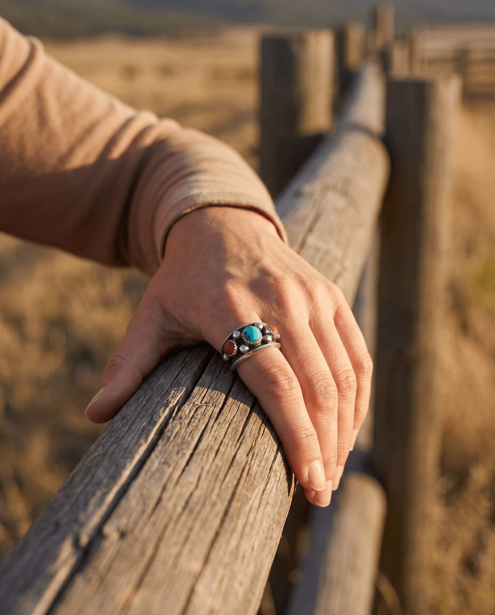 Paul Largo Navajo Turquoise & Coral Sterling Silver Ring — Size 9