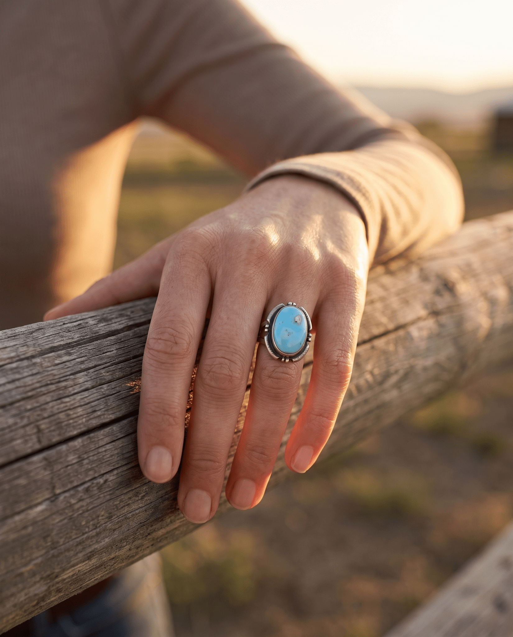 Randy Billy Navajo Sterling Silver Ring with Golden Hills Turquoise — Size 9 (Hallmark RB + Sterling)