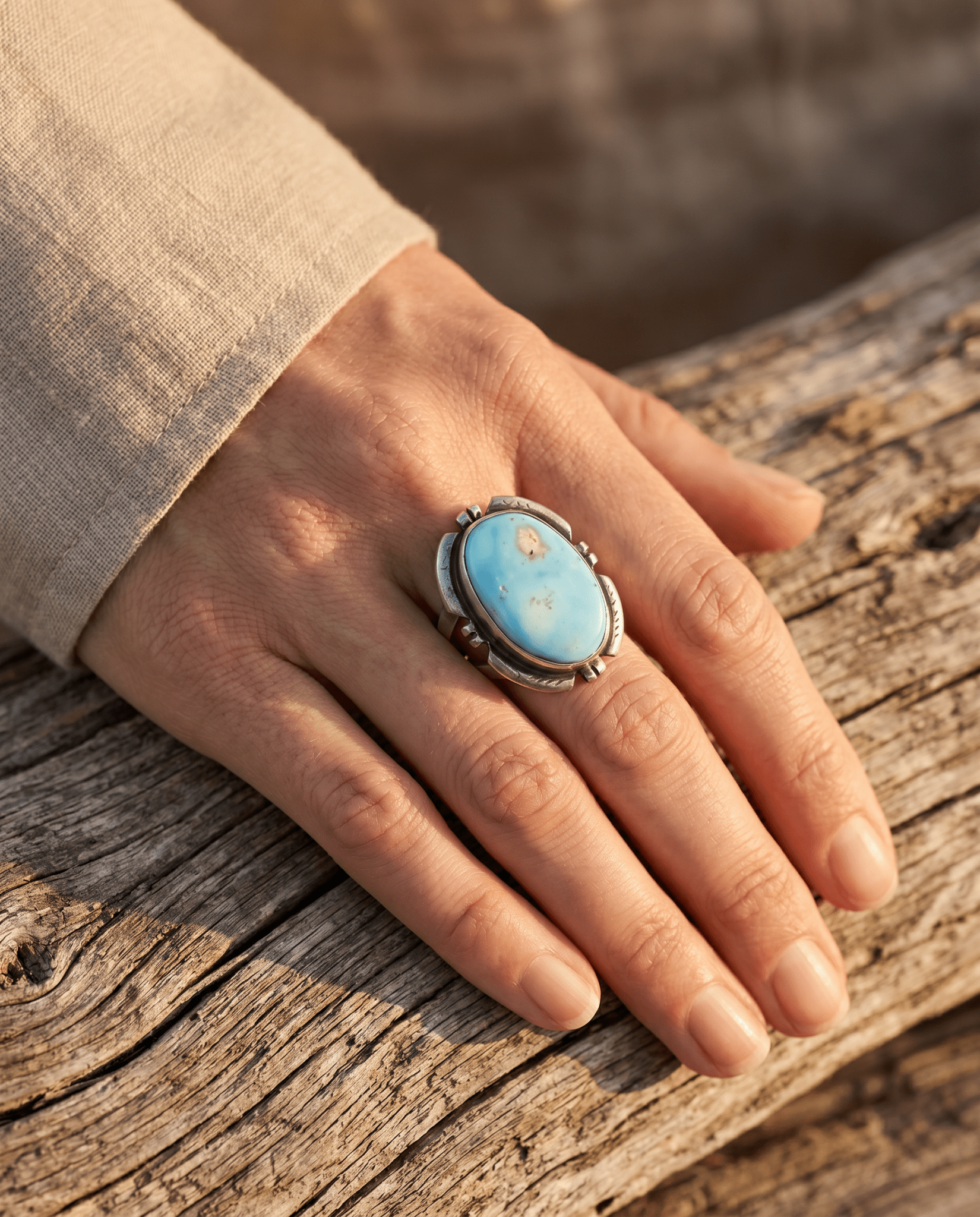 Randy Billy Navajo Sterling Silver Ring with Golden Hills Turquoise — Size 9 (Hallmark RB + Sterling)