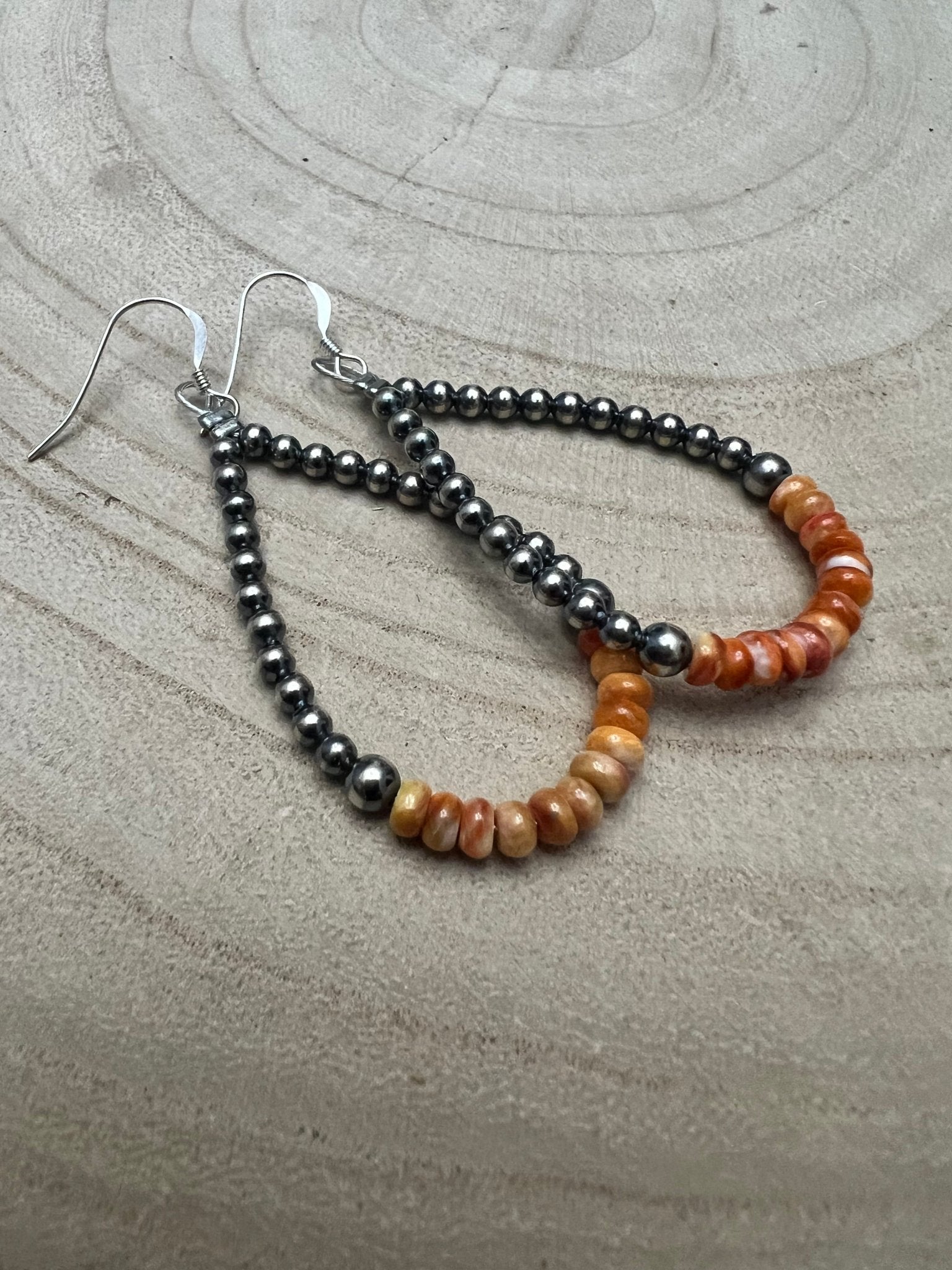Sterling Pearl & Orange Spiny Oyster Teardrop Earrings — 2.5 inch drop (Made in USA)