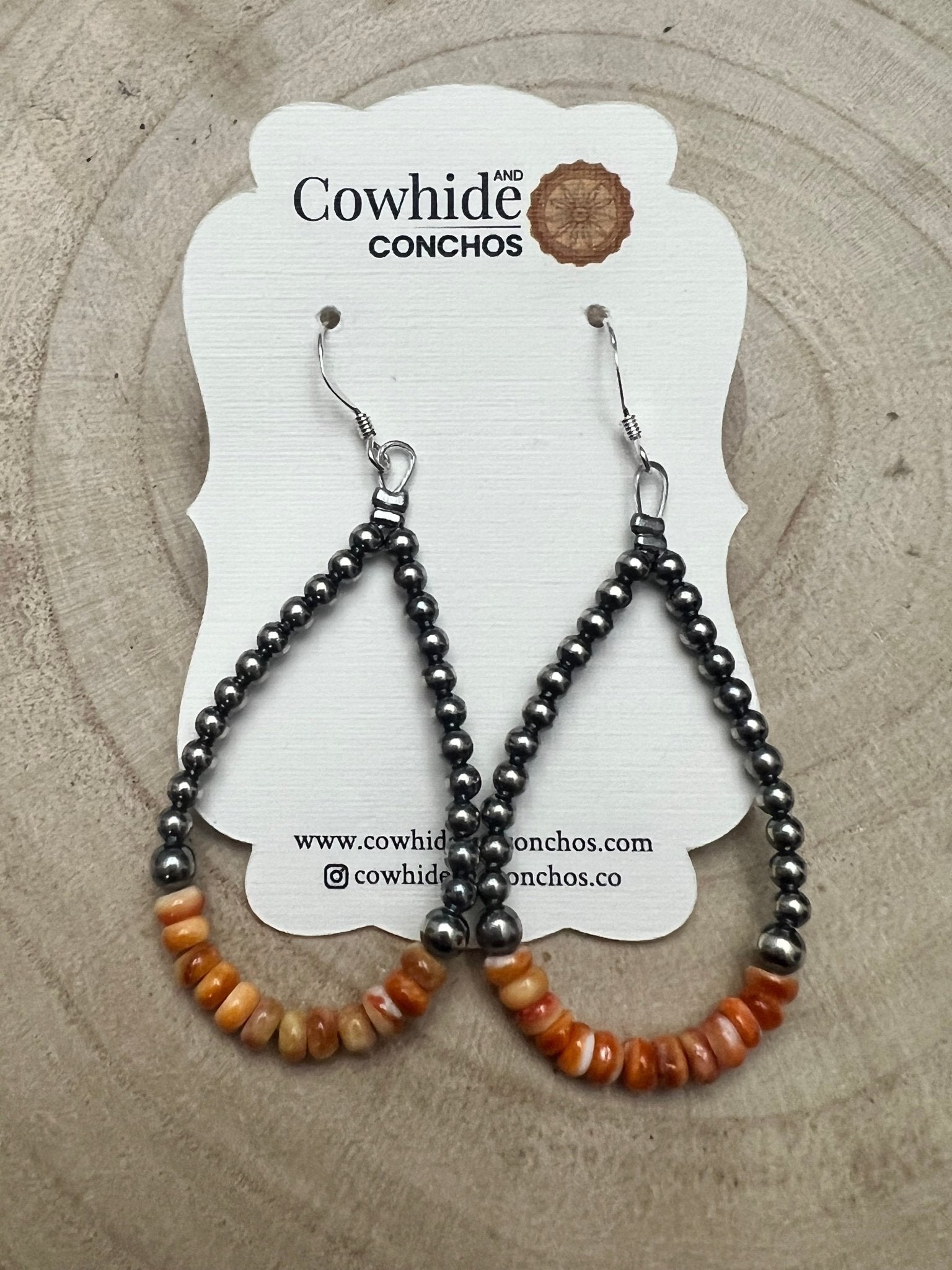 Sterling Pearl & Orange Spiny Oyster Teardrop Earrings — 2.5 inch drop (Made in USA)