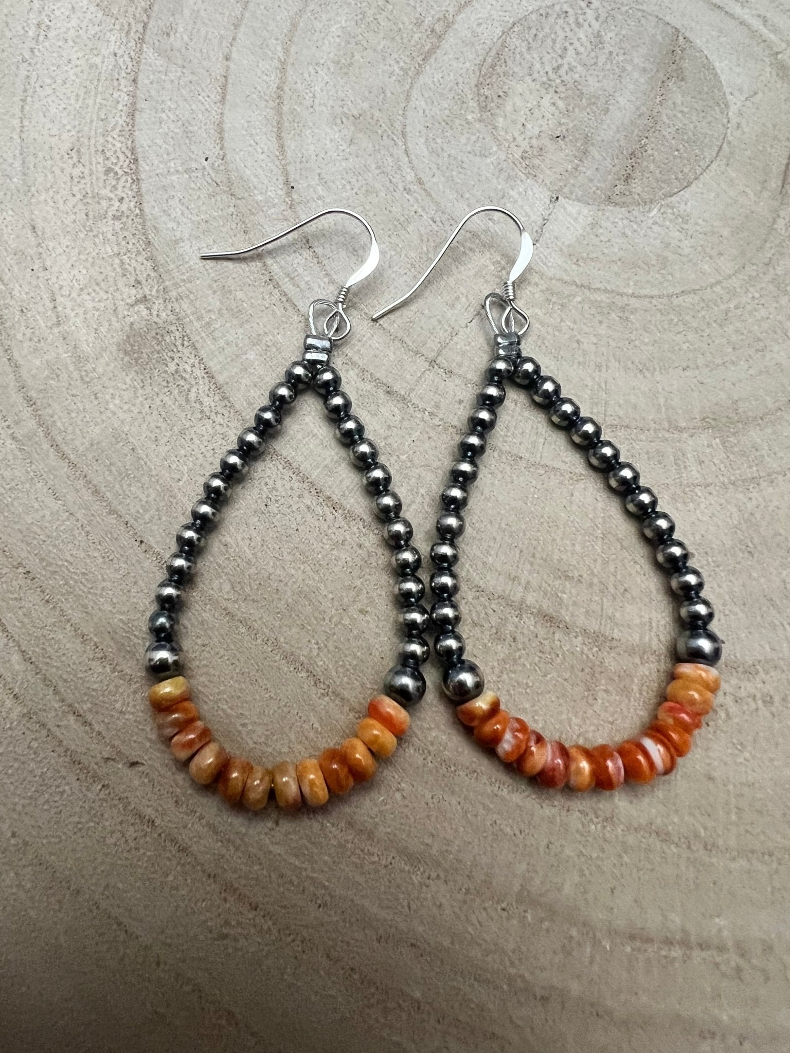Sterling Pearl & Orange Spiny Oyster Teardrop Earrings — 2.5 inch drop (Made in USA)
